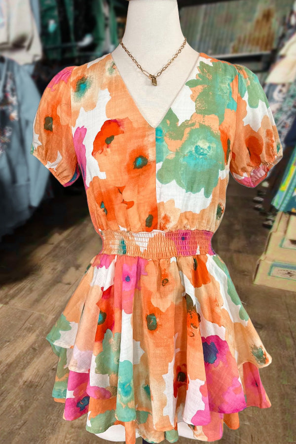 Colorful Floral Print V-Neck Puff Sleeve Mini Dress