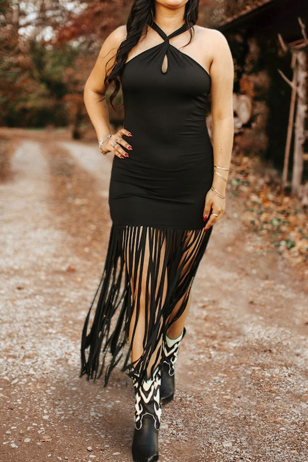 Beautiful Cross Neck Fringe Hem Dress