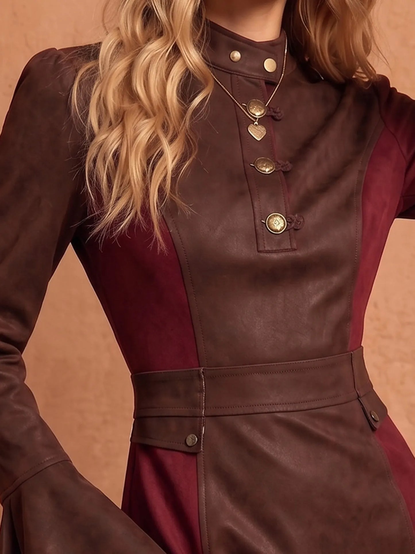Western Dress — Chocolate Burgundy Colorblock Stand Collar Flared Sleeve Suede Dress Mini Dress