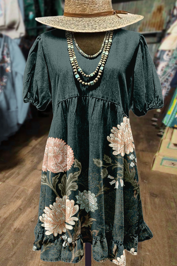 Art Floral Print Ruffle Hem Mini Dress