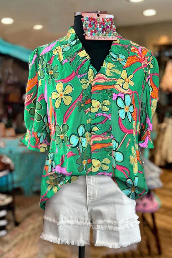 Elegant Smock Ruffle Collar Floral Print Top