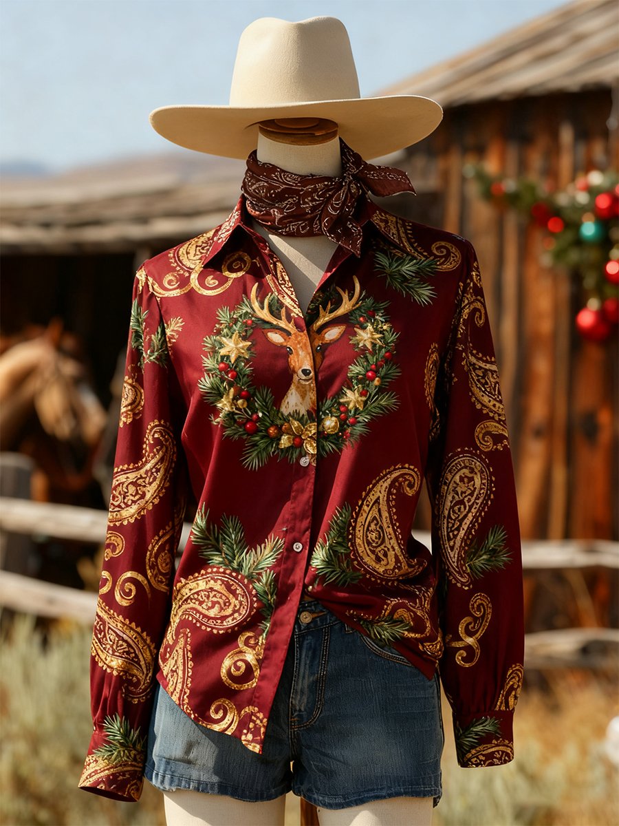 Women's Retro Casual Chirstmas Western Slim Waist Long Sleeve Shirt