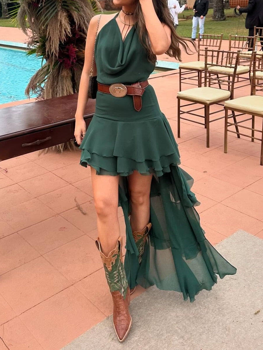 Halter Ruffle Irregular Backless Dress