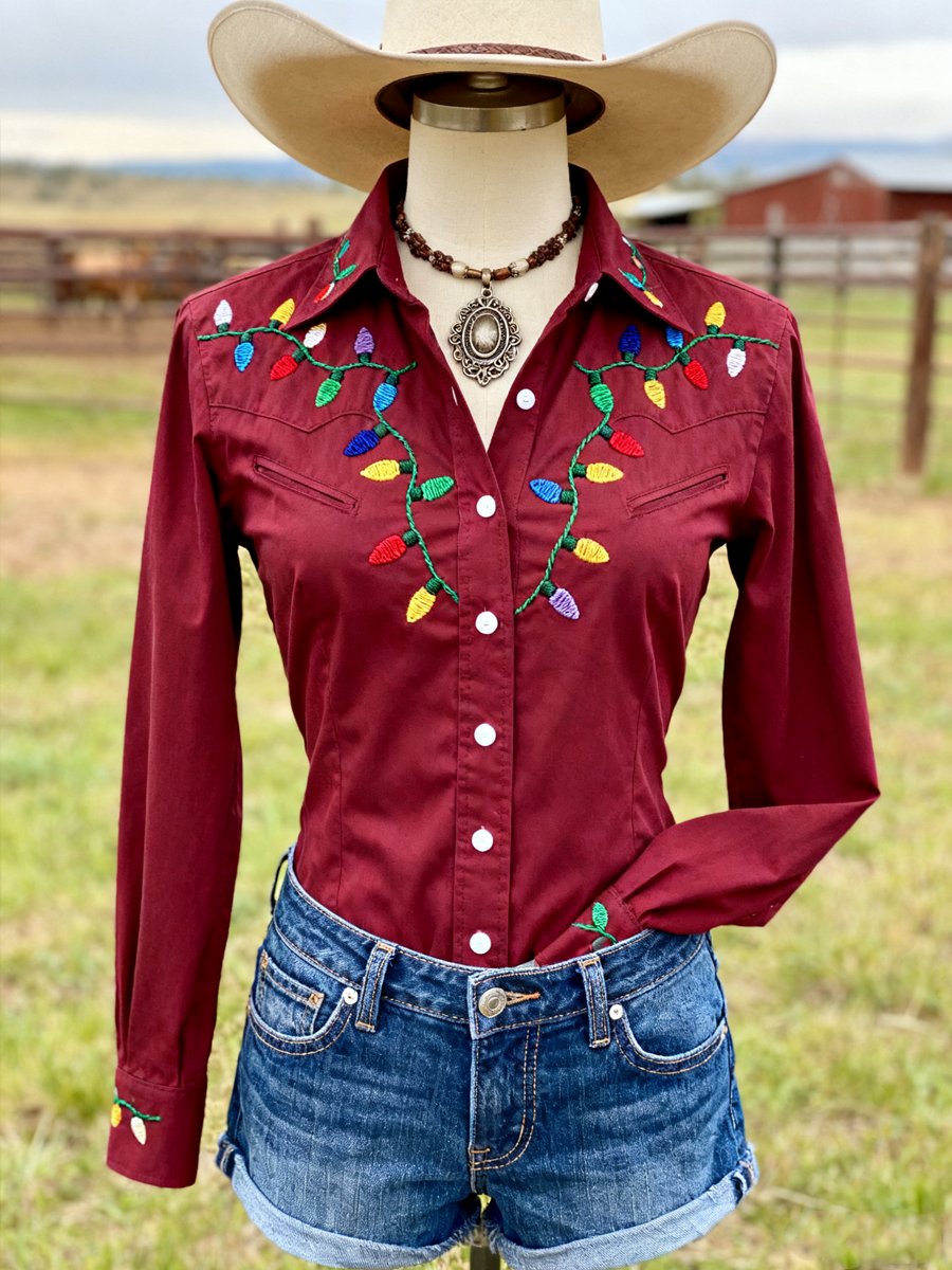 Women's Retro Western Christmas Colorful Lights Print Long Sleeve Shirt