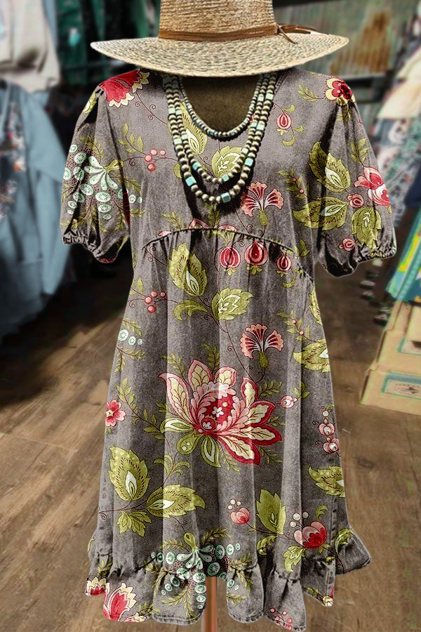 Vintage Floral Print Puff Sleeve Mini Dress