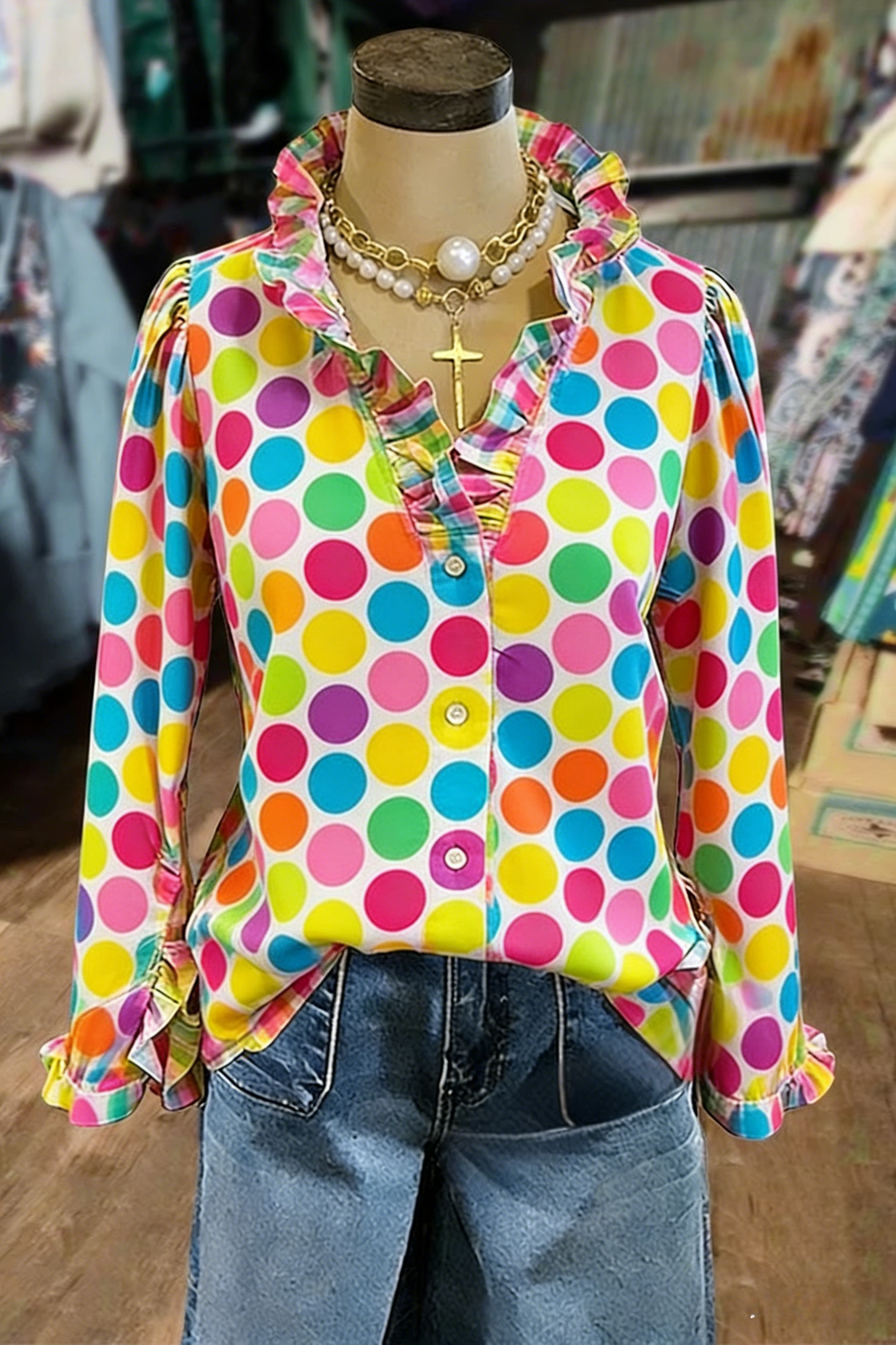 Colorful Polka Dot Ruffle Blouse - Vibrant Button-Front Top