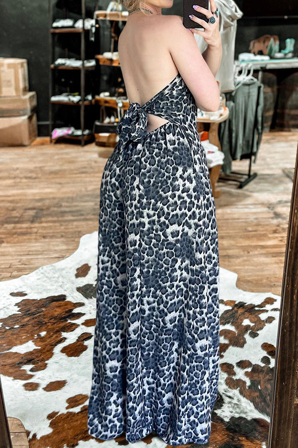Leopard Print Strapless Open Back Wide-Leg Jumpsuit