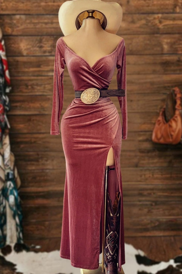 Retro V-Neck Slit Long-Sleeved Velvet Dress