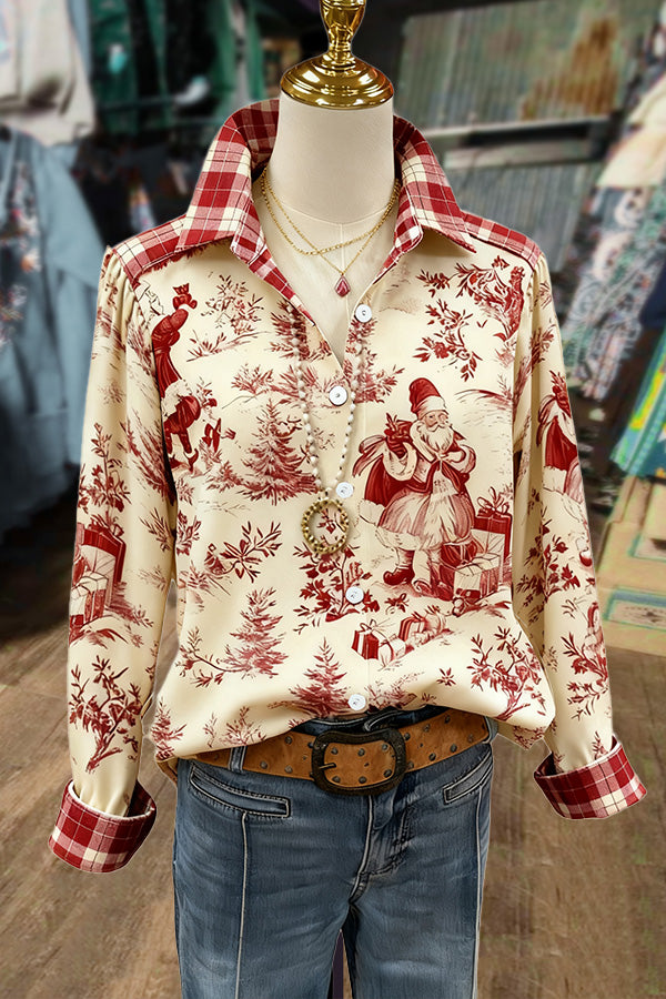 Vintage Santa Print Plaid Patch Long Sleeve Blouse