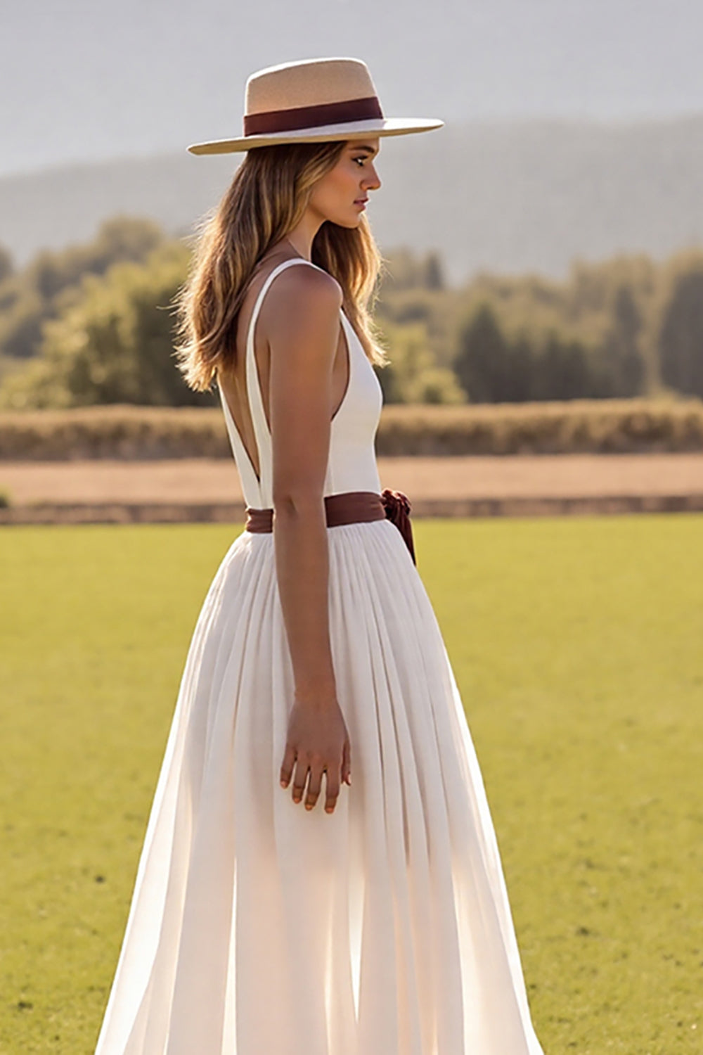 Boho Chiffon White V-Neck Sweep Train Western Wedding Dress