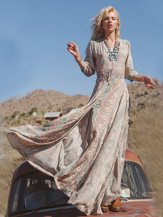 Western retro print maxi dress