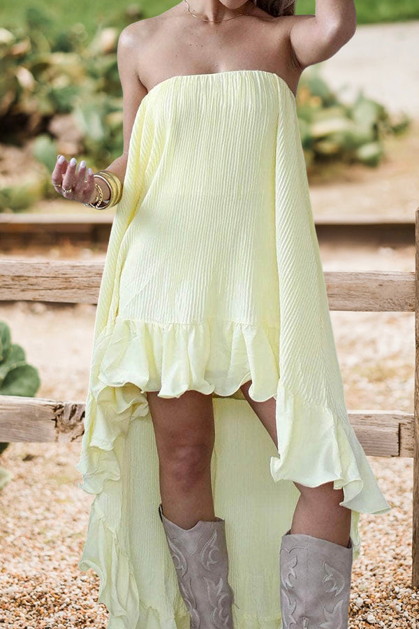 Strapless Asymmetrical Ruffled Maxi Dress