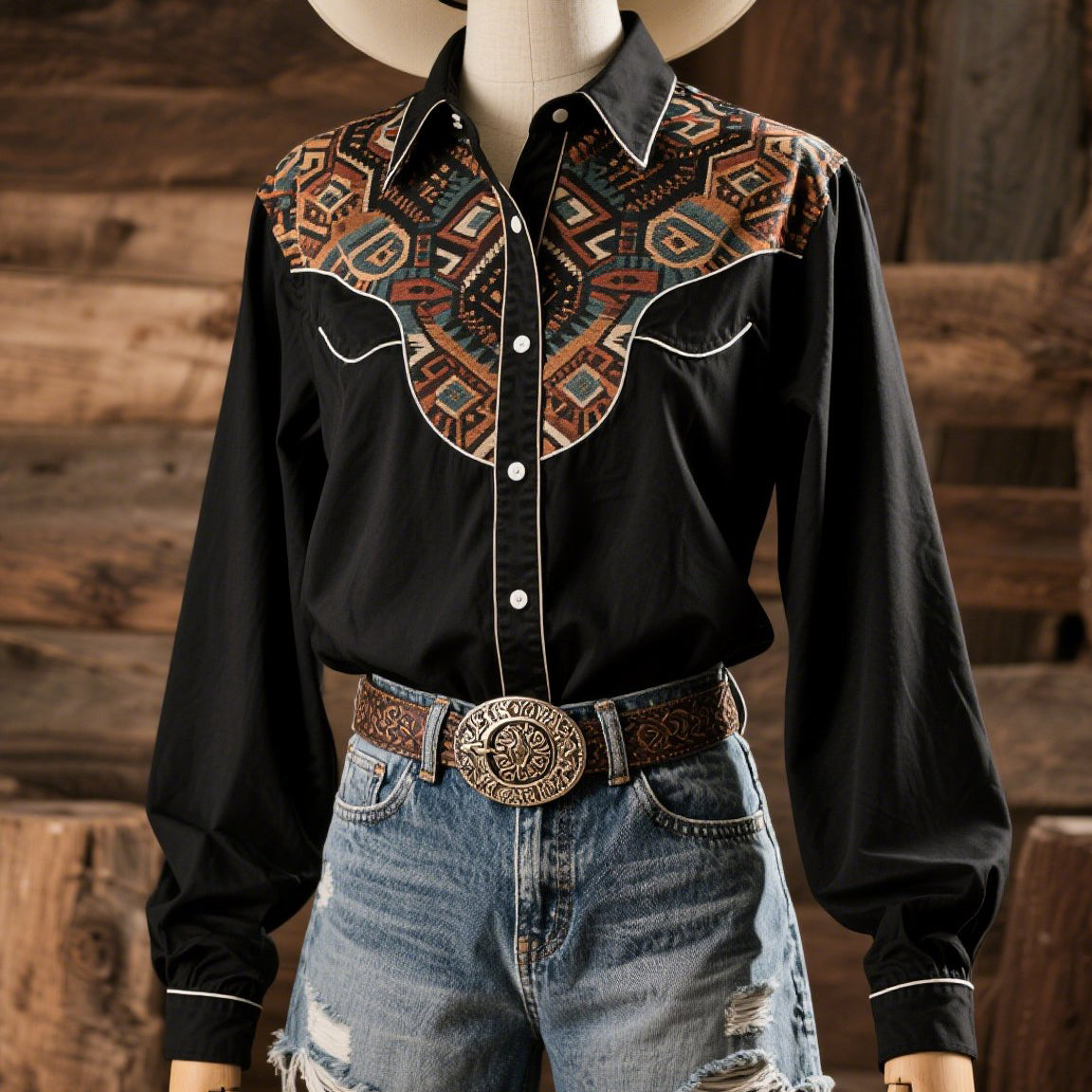 Women's Retro Western Geometric Art Long Sleeve Shirt