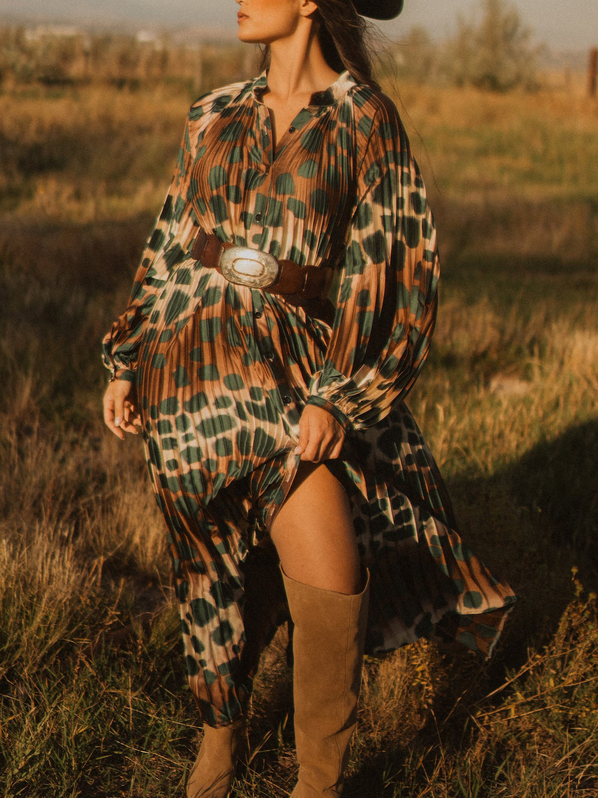 Leopard Print Long Sleeve Pleated Maxi Dress