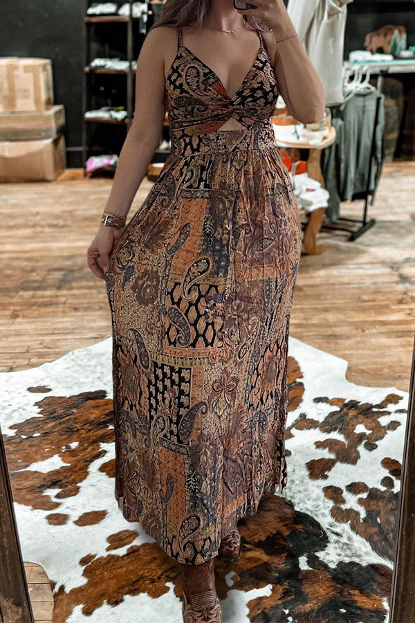 Ethnic Print Twist Slit Maxi Dress