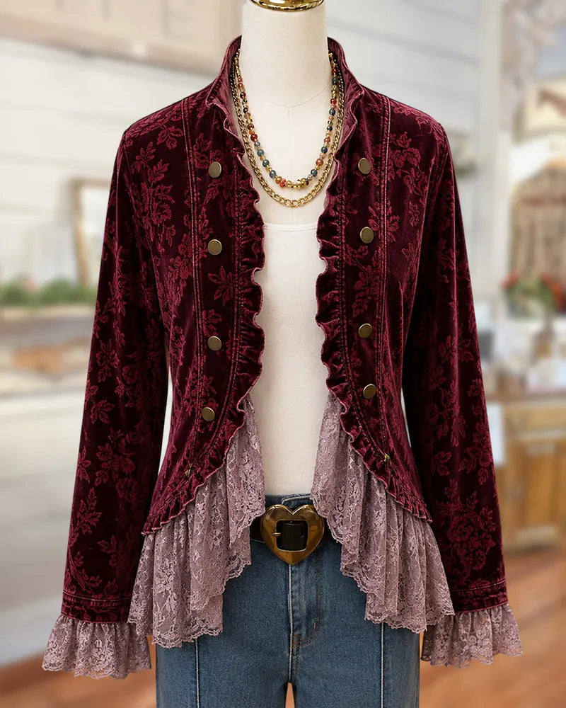 Floral Velvet Ruffled Lace Trim Decorative Button Open Front Jacket
