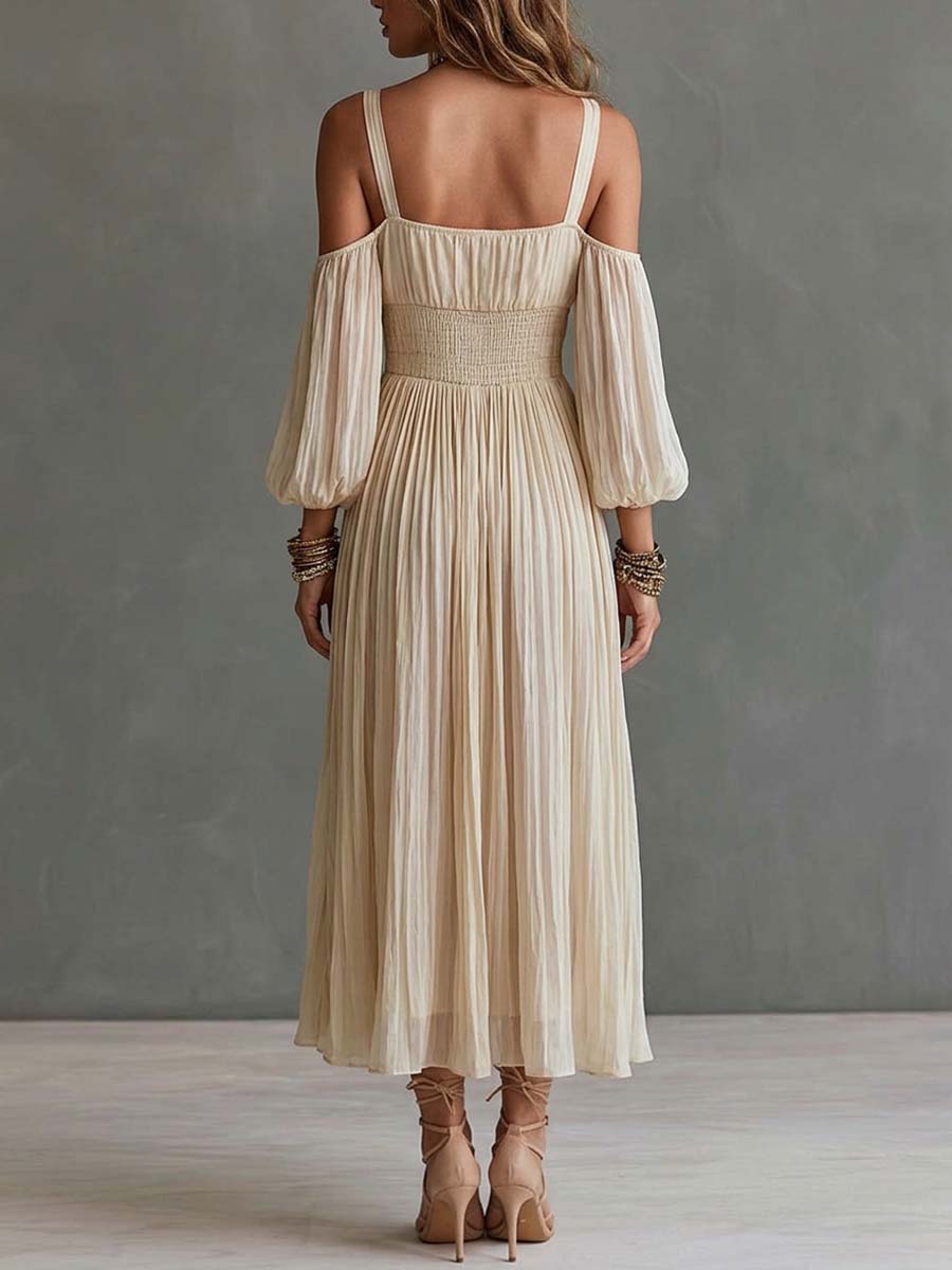 Boho Cold Shoulder Smocked Waist Pleated Midi Dress