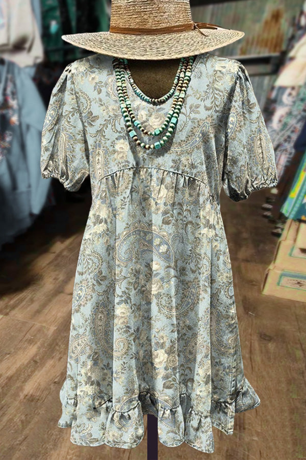 Paisley Floral Print Puff Sleeve Mini Dress