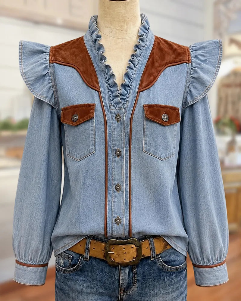 Ruffled V Neck Contrast Panel Button Up Long Sleeve Shirt