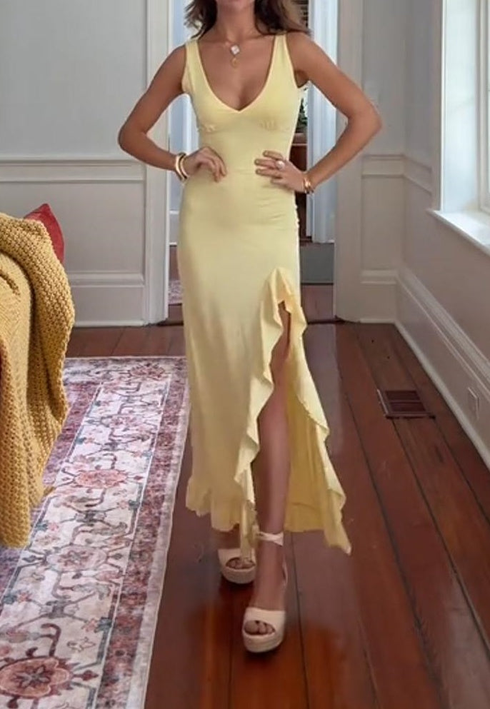 Cream Yellow V-Neck Ruffled Slit Dress