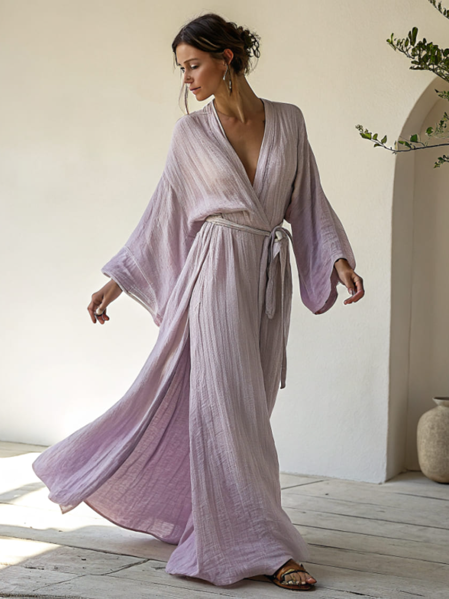 Linen V-neck Casual Kimono Robe (with belt)