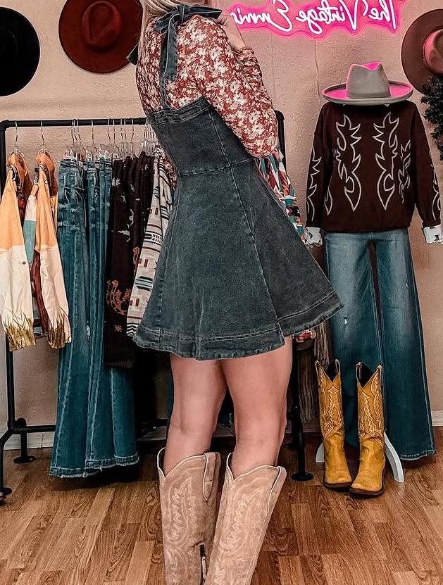 The Dubina Denim Strap Tie Mini Dress (Black)