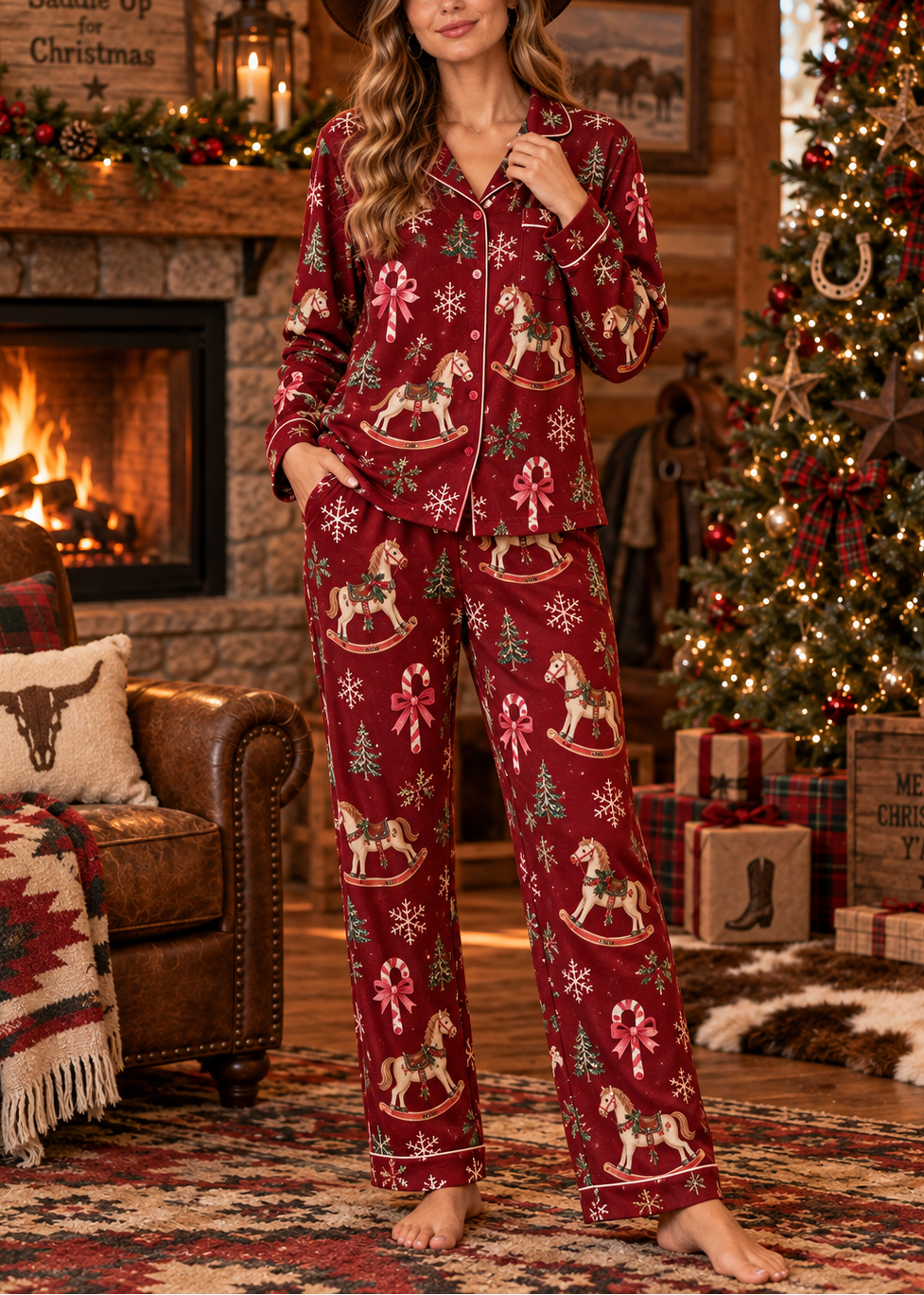 Women's Western Christmas Rocking Horse Candy Cane Long Sleeve Pants Suit
