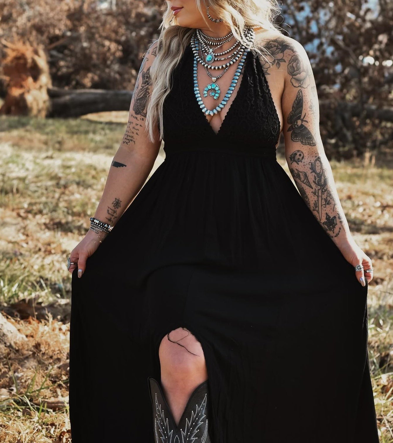 Black V-Neck Slit Sexy Dress