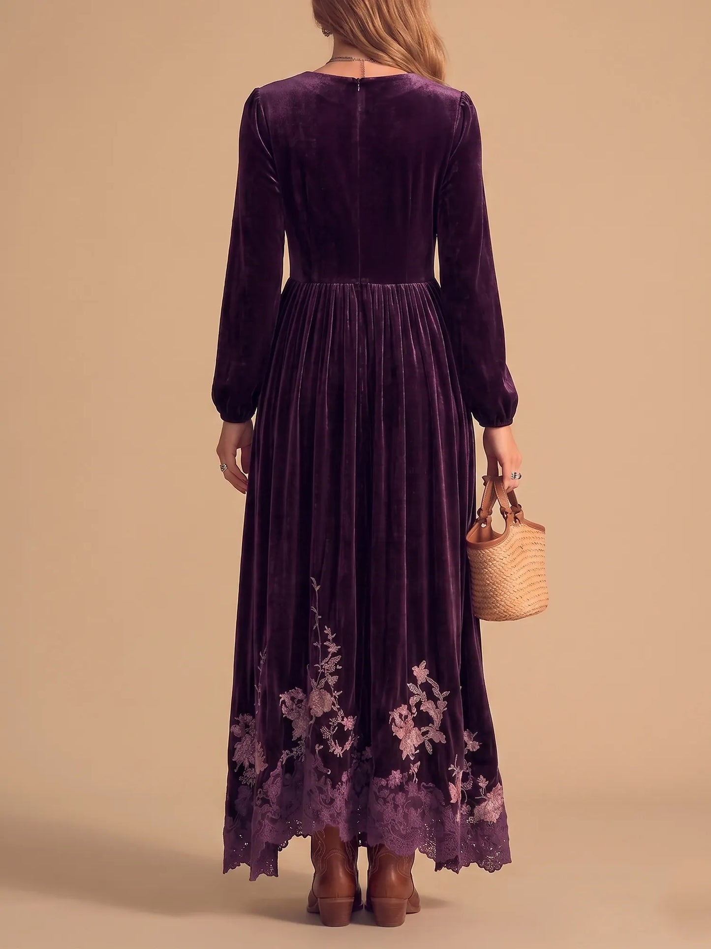 Purple Velvet Floral Embroidery Lace Hem Plunge V-Neck Bishop Sleeve Maxi Dress