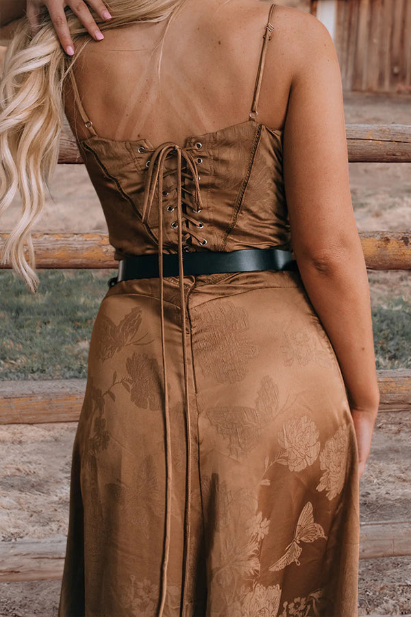 Floral Satin Ruffle Maxi Dress