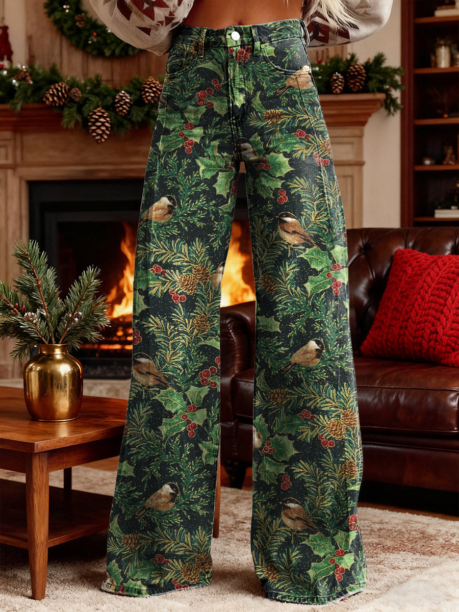 Women's Christmas Plant Art Print Wide Leg Pants