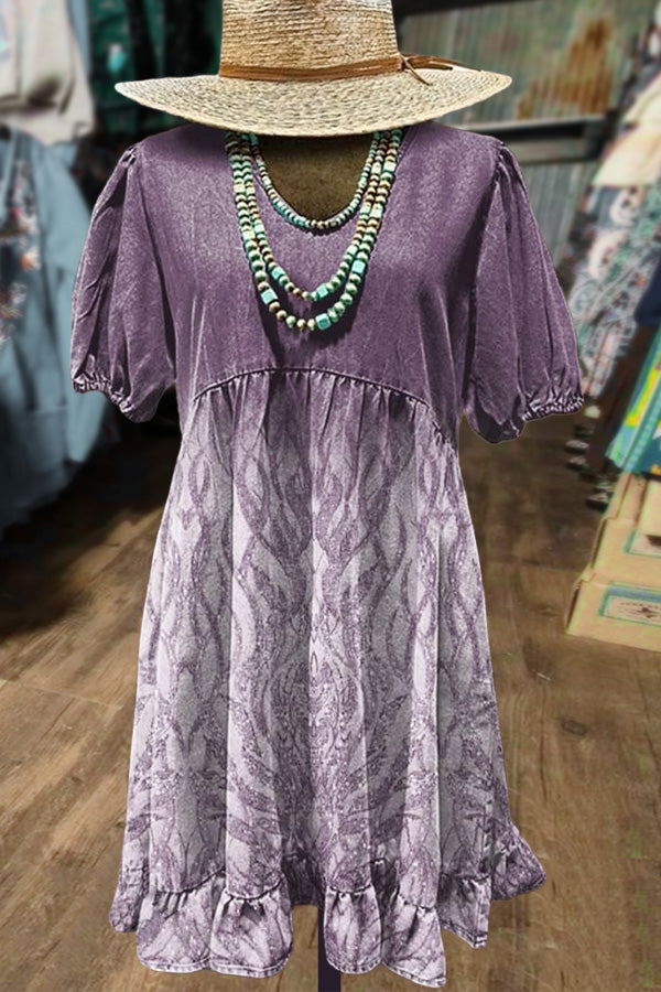 Gradient Color Puff Sleeve Ruffle Hem Dress