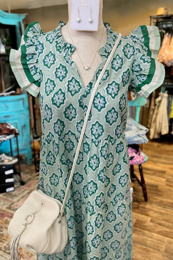 Spring Flower Print Flying Sleeve Ruffle Maxi Dress