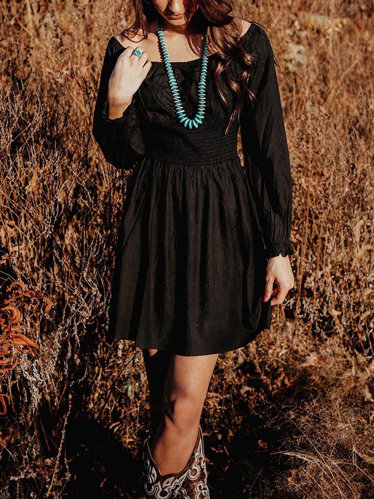 Black Sexy Round Neck Long Sleeve Short Dress