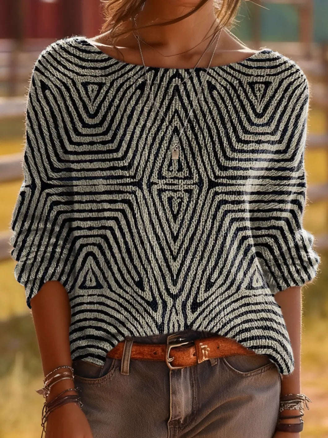 Women's Ethnic Art Graphic Print Comfortable Crew Neck Sweater