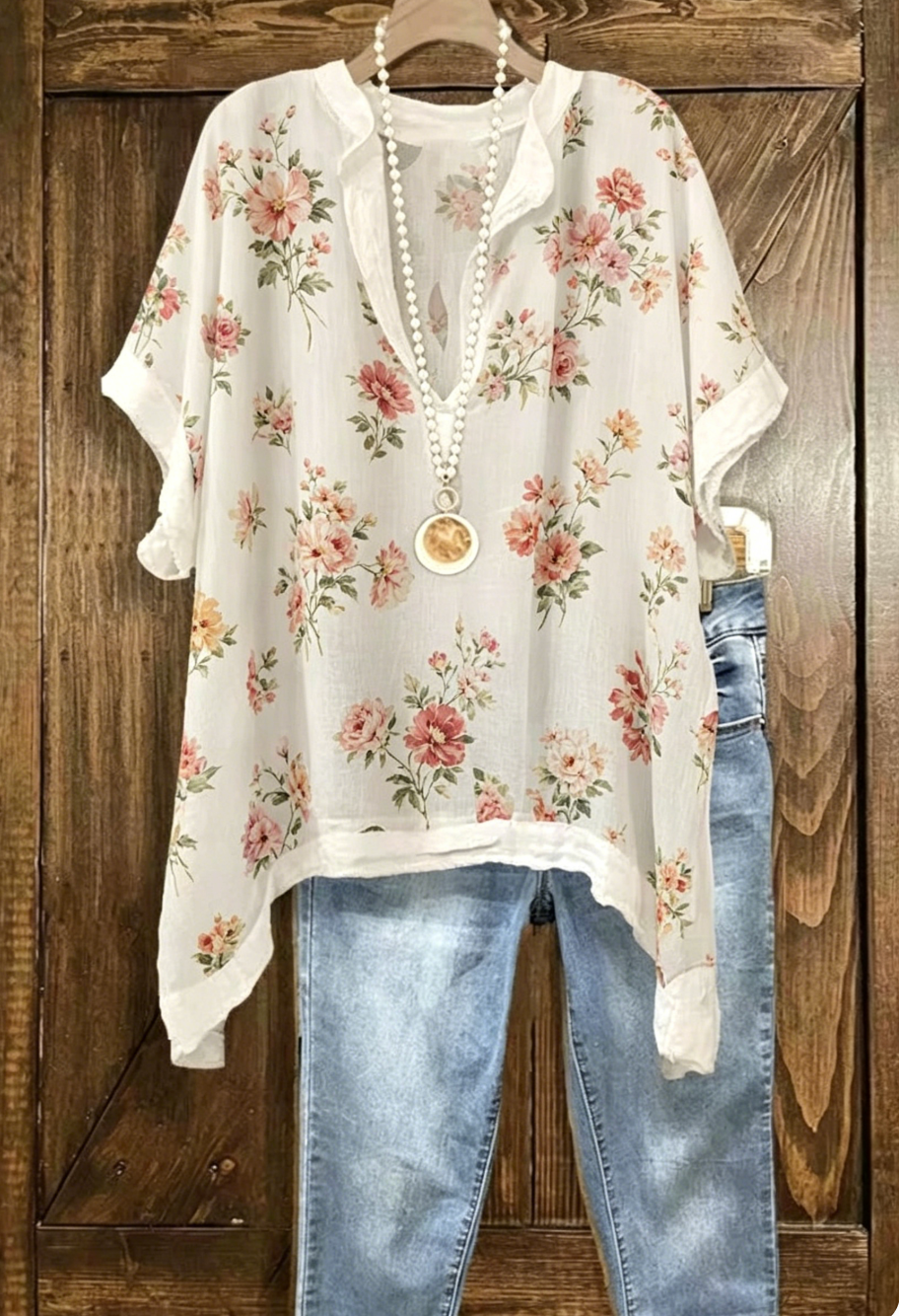 Floral Print Loose V-Neck Batwing Sleeve Top