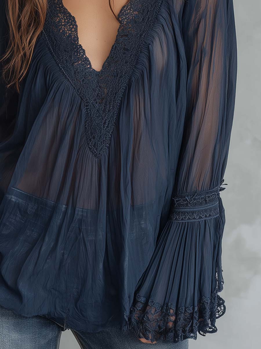 Vintage Lace-trimmed Sheer Blouse