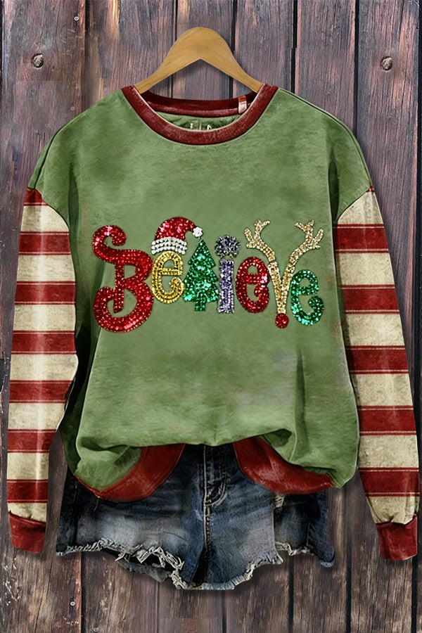Sweet Christmas Believe Sequin Striped Long Sleeve Sweatshirt