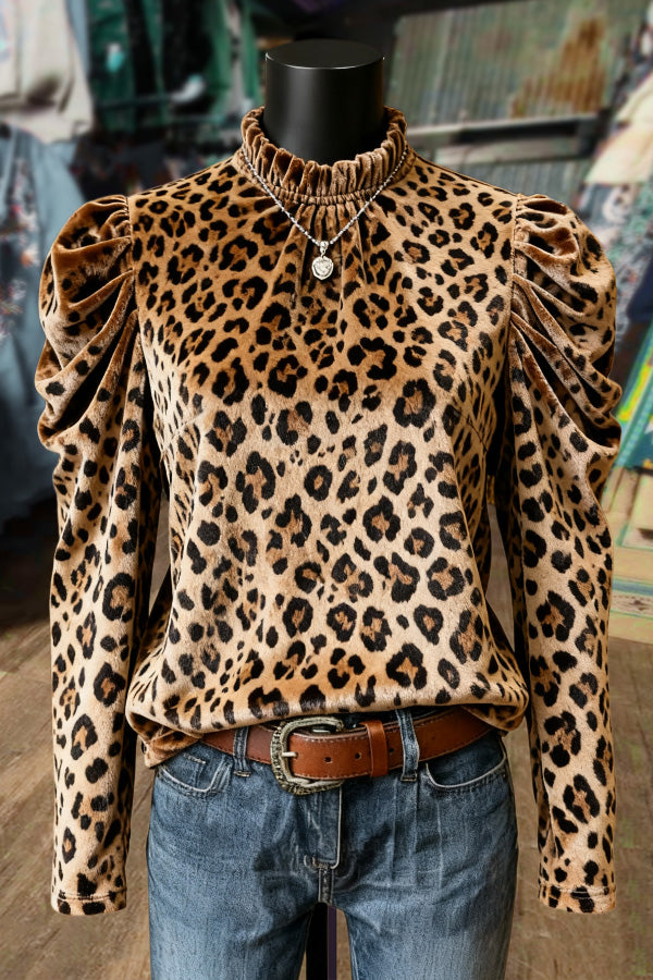 Leopard Print Mock Neck Ruched Long Sleeve Velvet Top