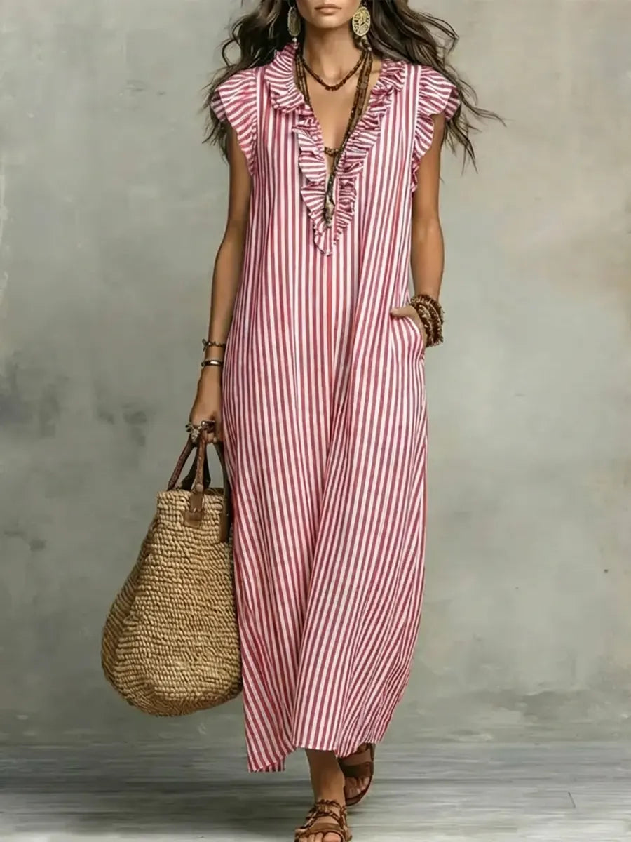 Women's Striped Art Print Casual Ruffled Stylish Dress