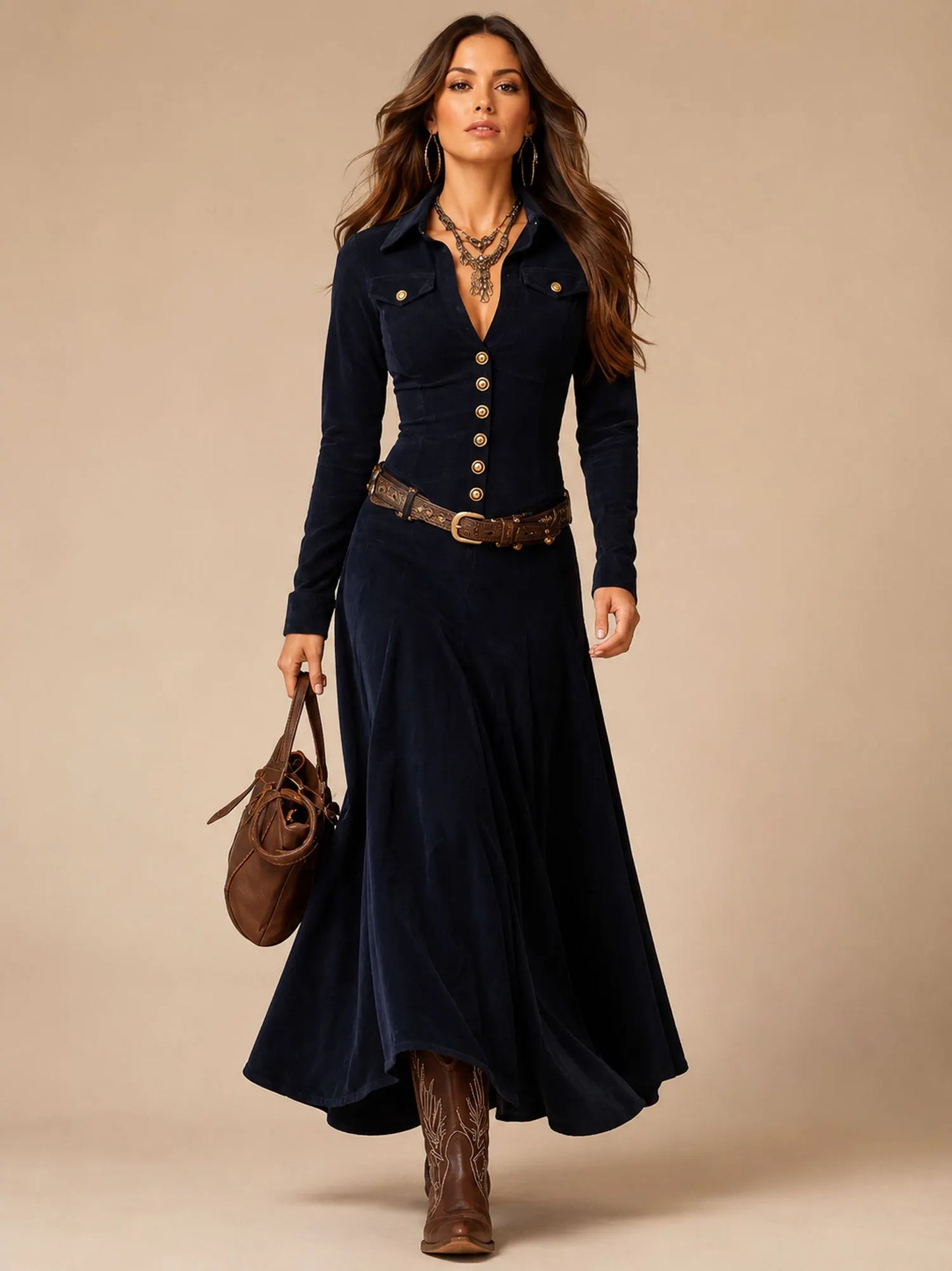Blue-Grey Vintage Cinched, Velvet Texture, Slim Fit Maxi Dress(No Belt)