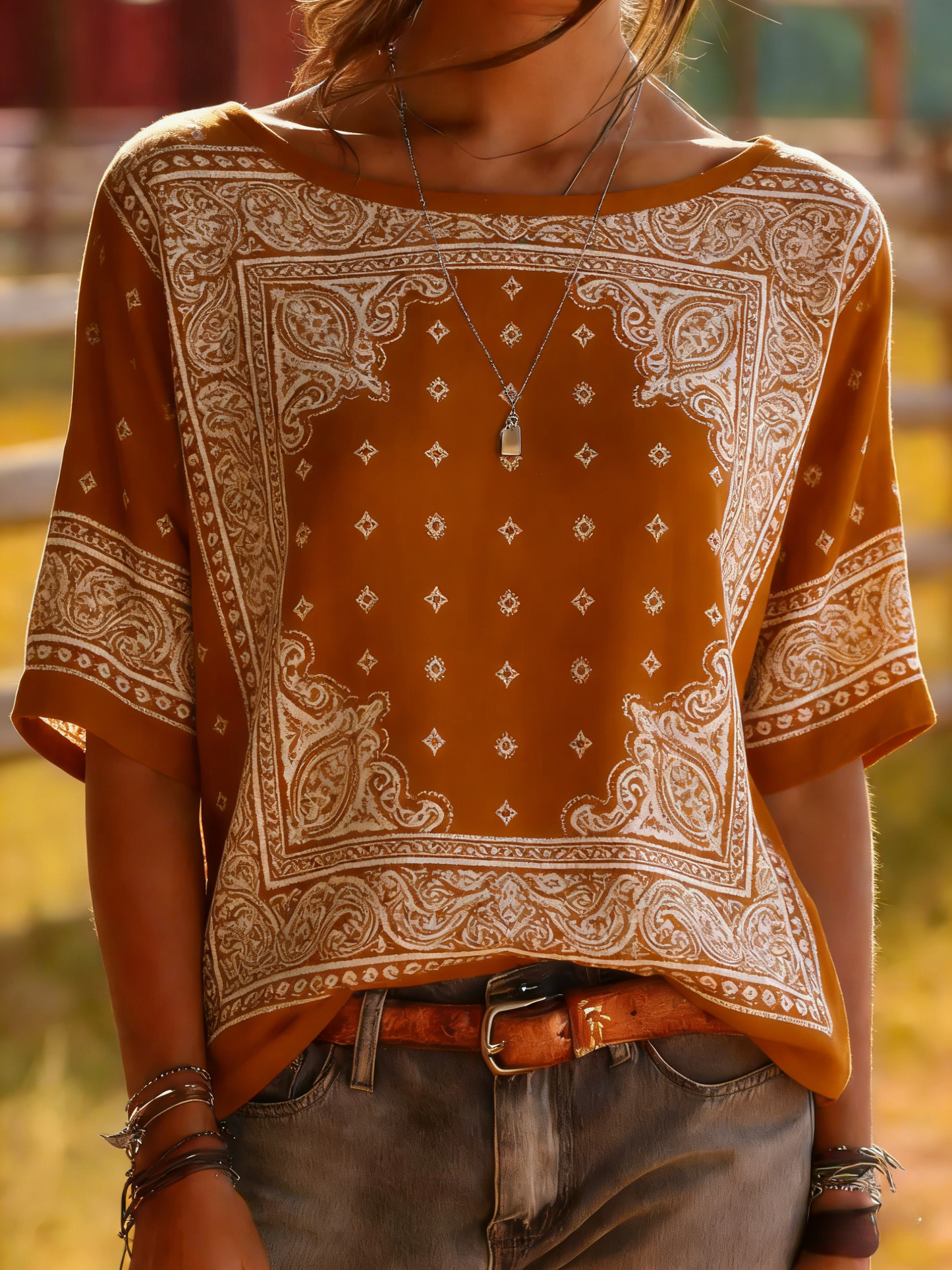 Caramel Paisley Bandana Medium Sleeve Blouse - Western Boho Top