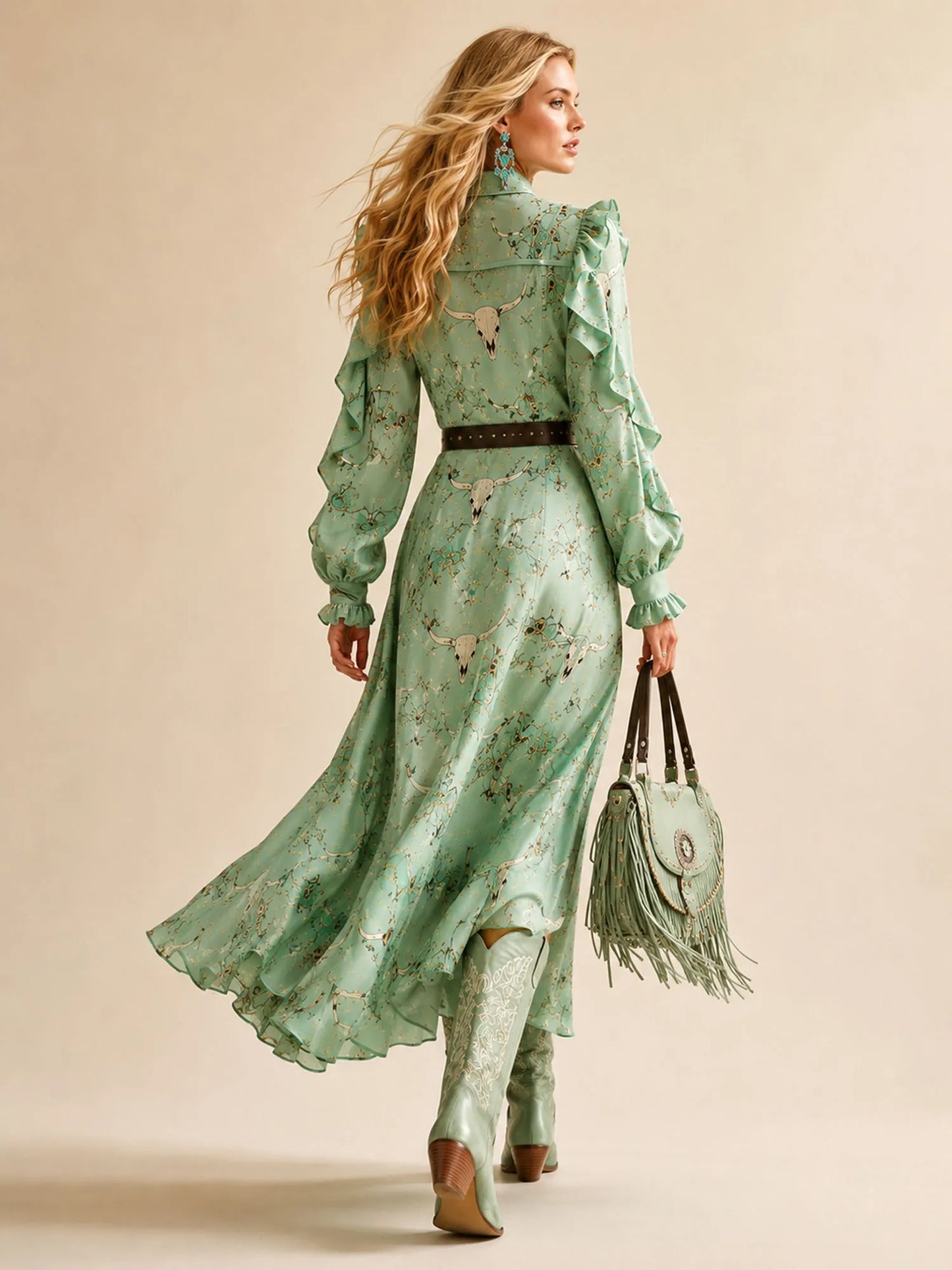 Mint Green Vintage Western Print Ruffle Long Sleeve Slit Maxi Dress