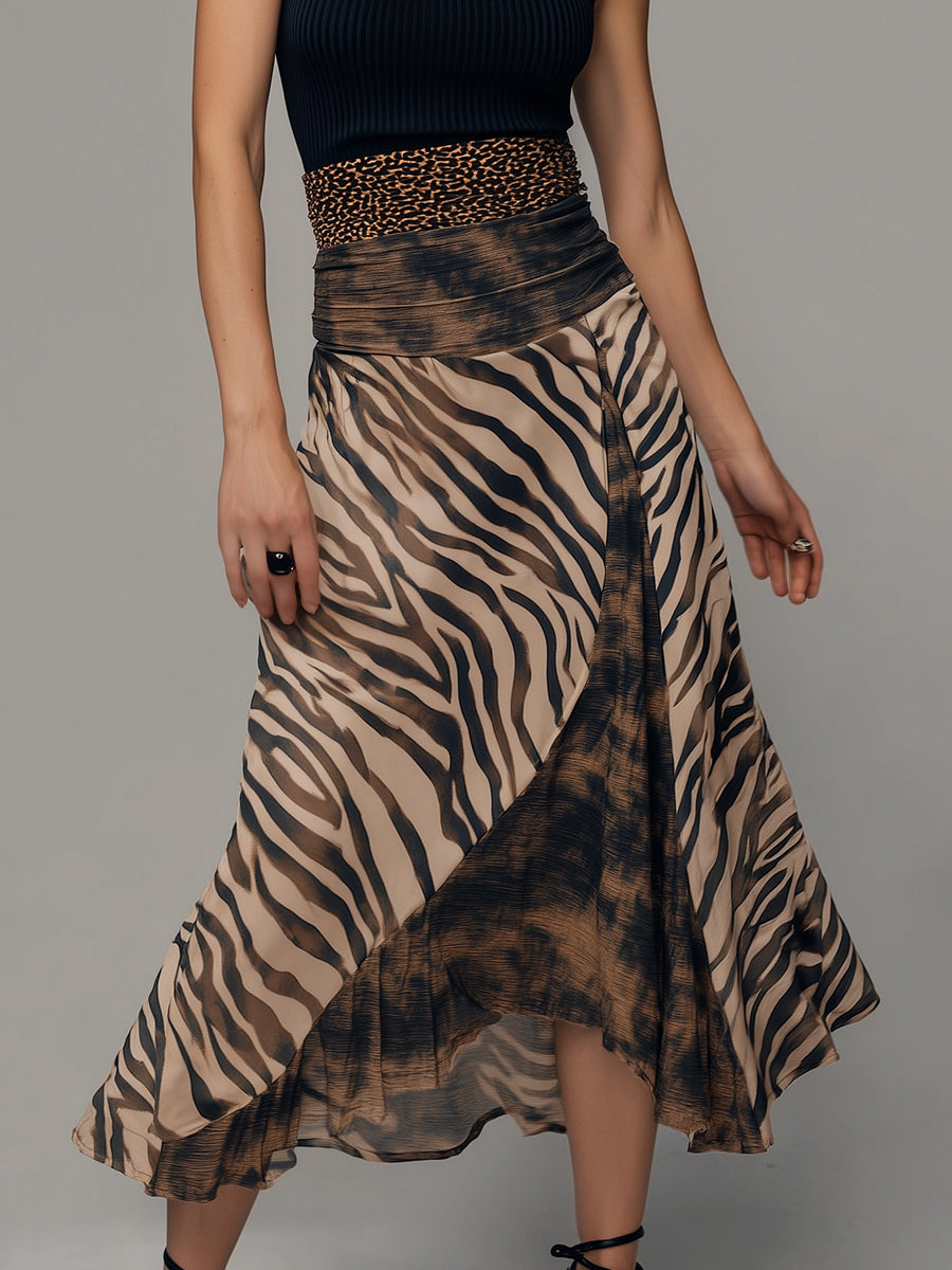 Vintage Zebra Print Tie-dye Patchwork Sleeveless Midi Dress