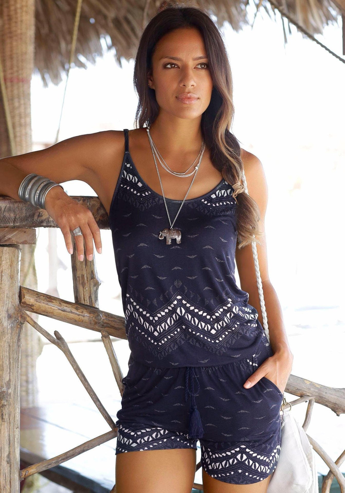 Boho Geometric Print Tassel Drawstring Cami Romper