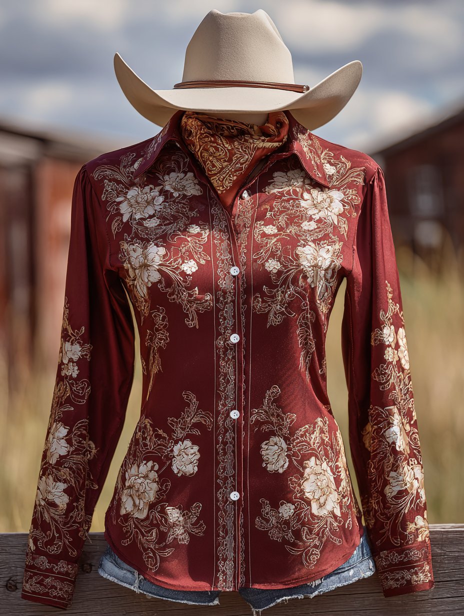 Women's Western Camellia Floral Long Sleeve Shirt