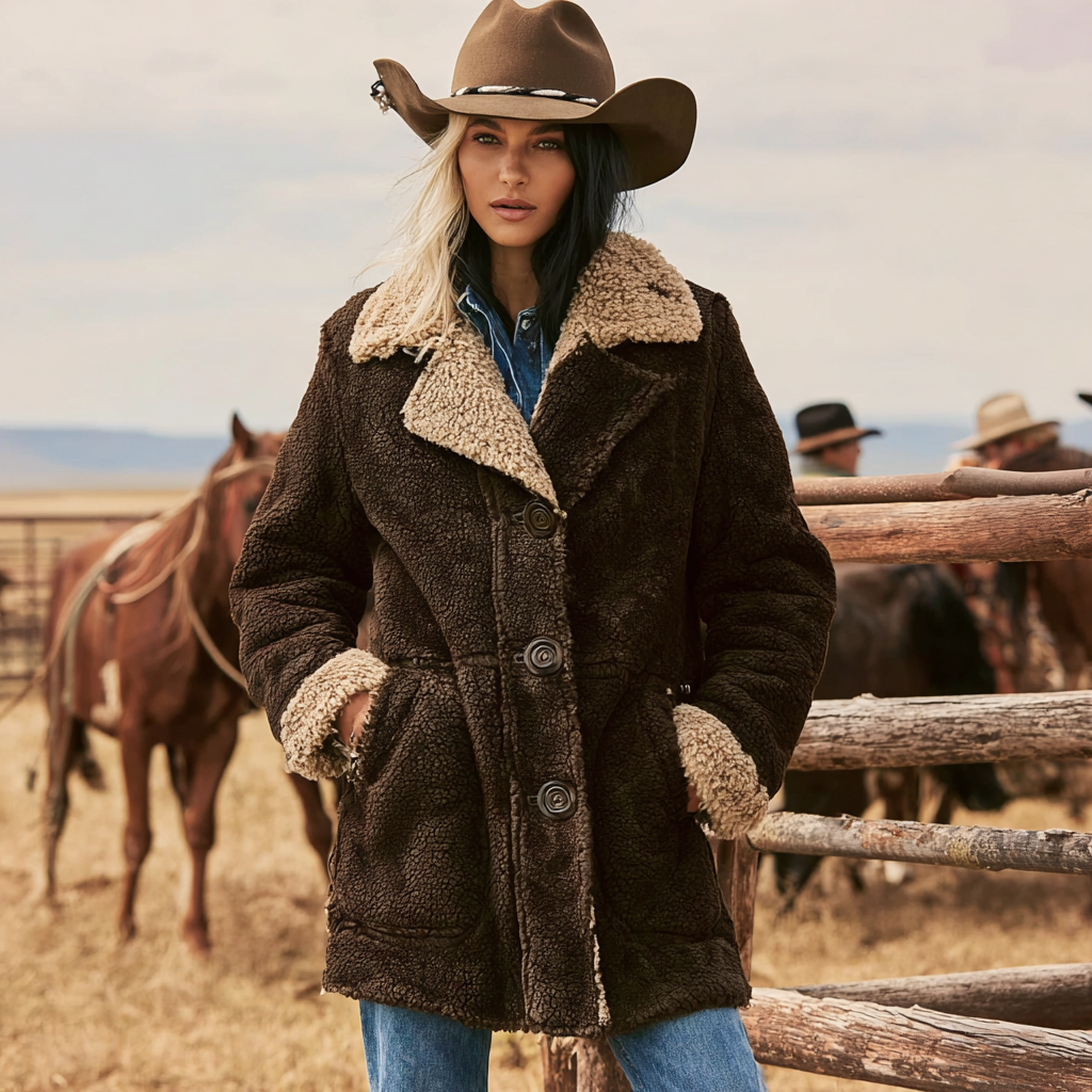 Women's Vintage Rustic Elegance: A Cozy Brown Sherpa Coat With Cowboy Hat