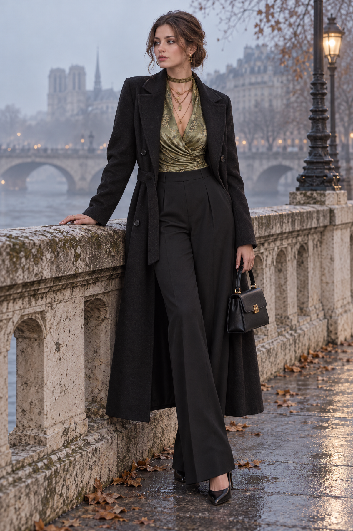 Olive Green Snakeskin Print Satin Long Blouson Sleeves Wrap Blouse with Ruched Front