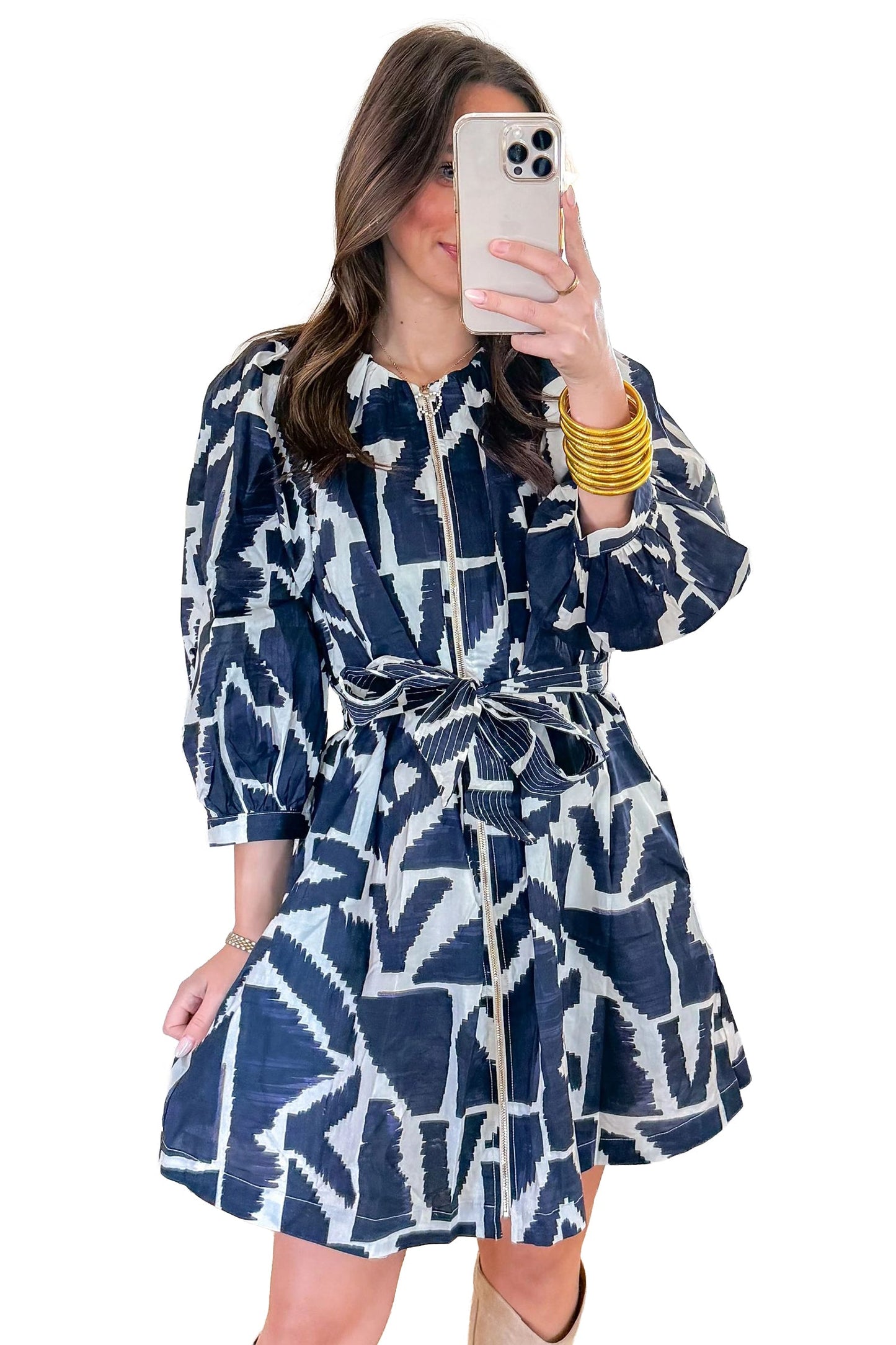 Blue Abstract Geometric Print Zip Front Tie Waist Shift Dress
