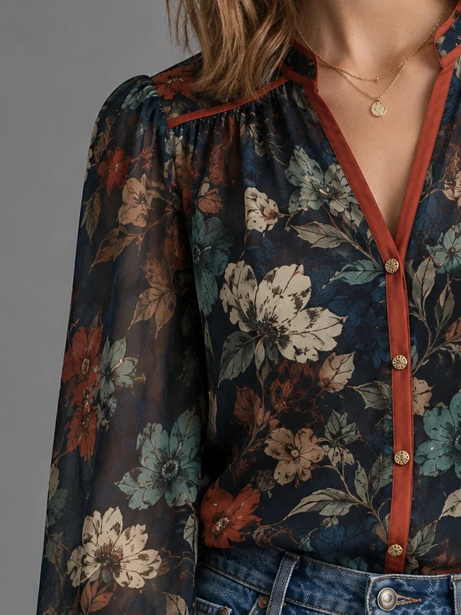 Contrast-Placket Floral Button Blouse